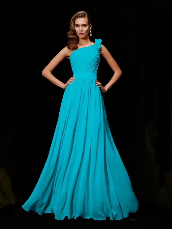 A-Line/Princess One-Shoulder Sleeveless Hand-Made Flower Long Chiffon Bridesmaid Dresses