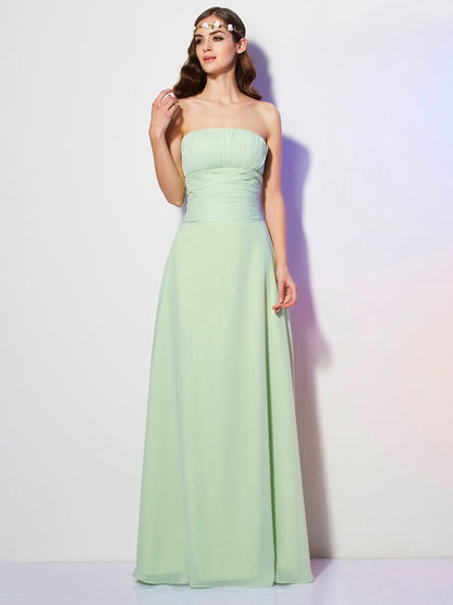 A-Line/Princess Strapless Sleeveless Pleats Long Chiffon Bridesmaid Dresses