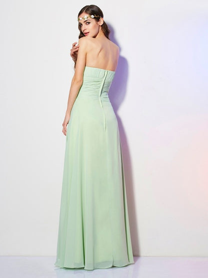 A-Line/Princess Strapless Sleeveless Pleats Long Chiffon Bridesmaid Dresses