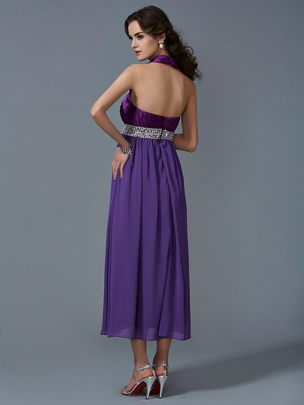 A-Line/Princess Halter Sleeveless Beading Long Chiffon Bridesmaid Dresses