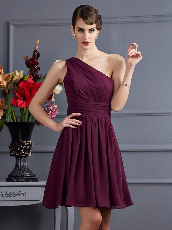 A-Line/Princess One-Shoulder Sleeveless Pleats Short Chiffon Bridesmaid Dresses