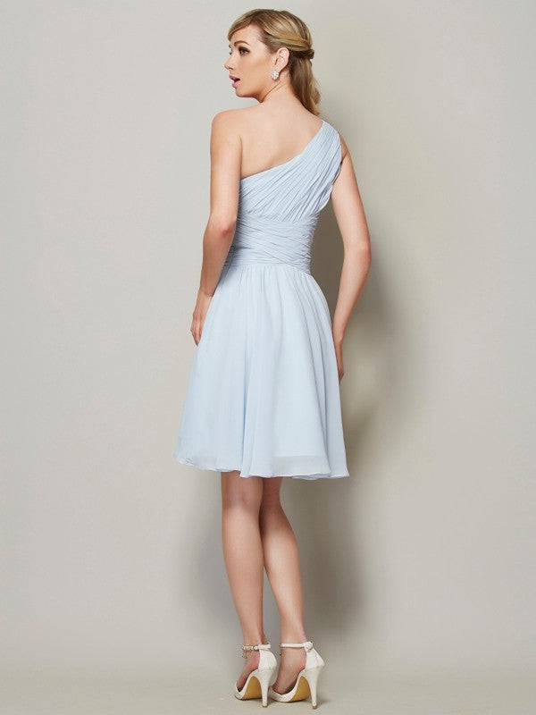 A-Line/Princess One-Shoulder Sleeveless Ruched Short Chiffon Bridesmaid Dresses