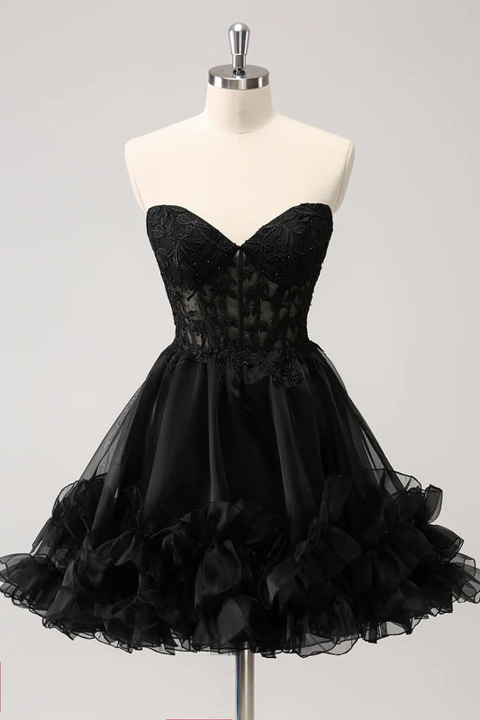 Shiny Black A-Shape Sweetheart Corset Beaded Homecoming Dress