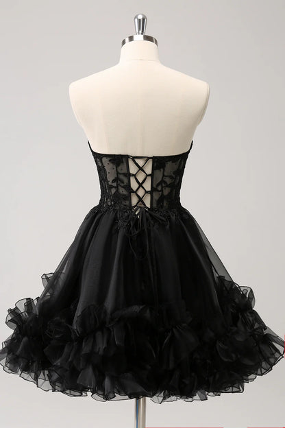 Shiny Black A-Shape Sweetheart Corset Beaded Homecoming Dress