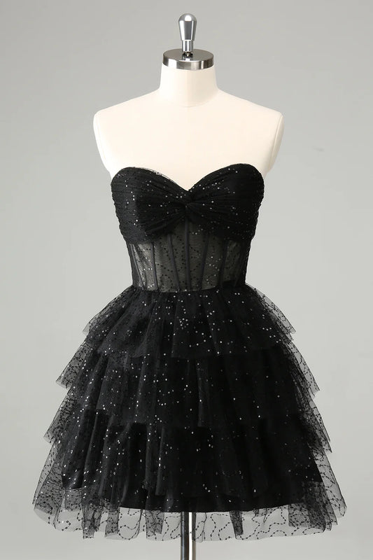 Cute shiny black A-line sweetheart pleated tight corset with sequins back to school dress