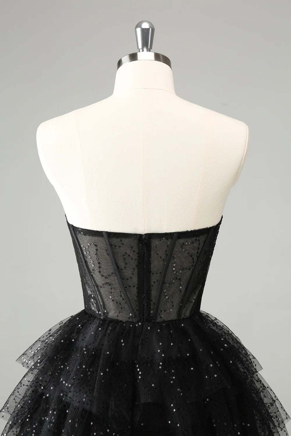 Cute shiny black A-line sweetheart pleated tight corset with sequins back to school dress