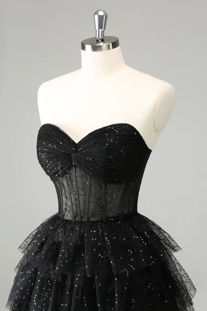 Cute shiny black A-line sweetheart pleated tight corset with sequins back to school dress