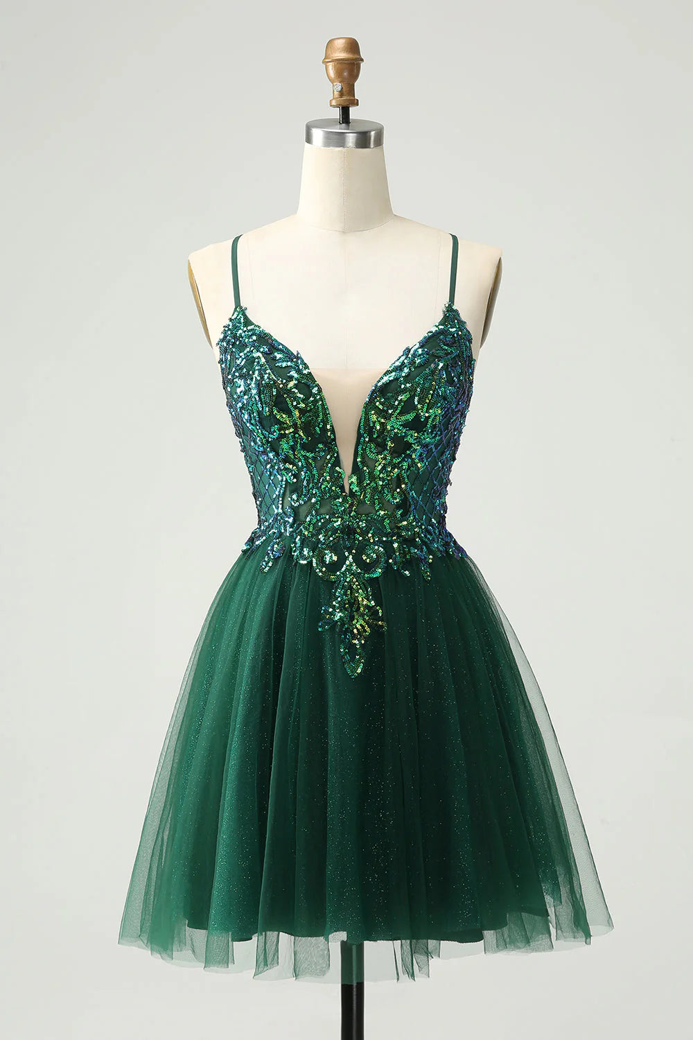 Cute dark green A-line V-neck sequined short back to school dress