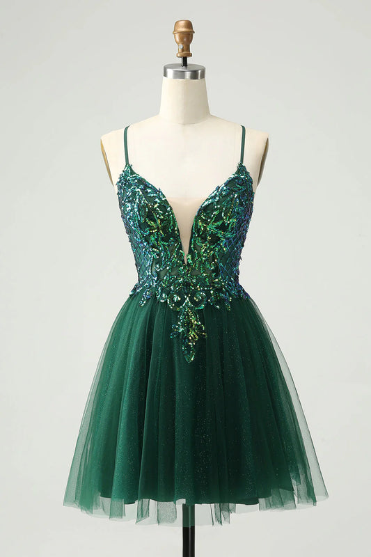 Cute dark green A-line V-neck sequined short back to school dress