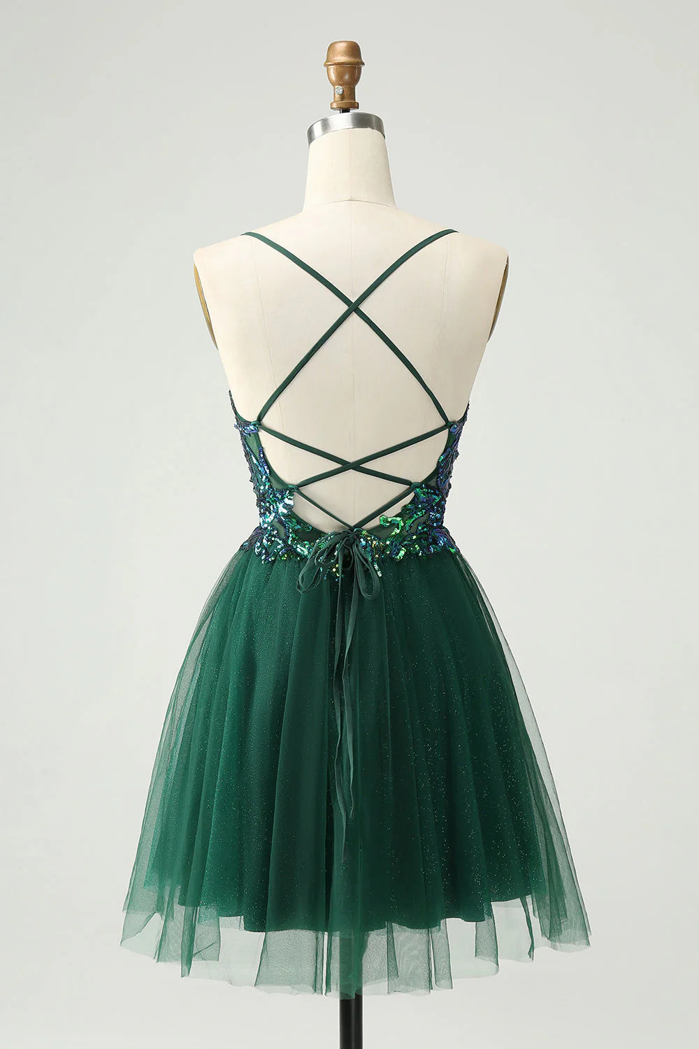 Cute dark green A-line V-neck sequined short back to school dress