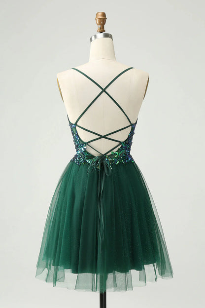 Cute dark green A-line V-neck sequined short back to school dress