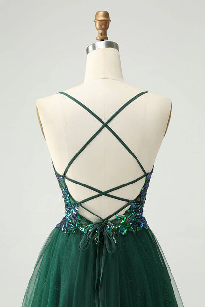 Cute dark green A-line V-neck sequined short back to school dress