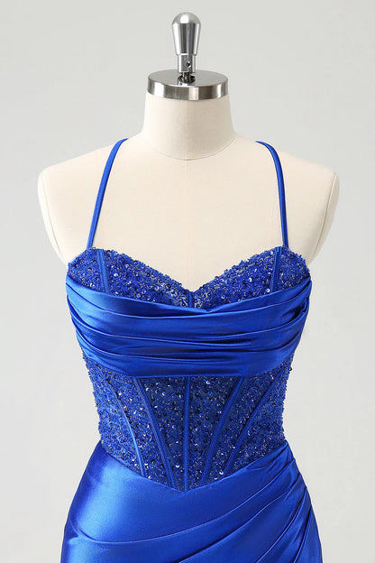 Shining navy blue sequin pleated tight corset short back to school dress