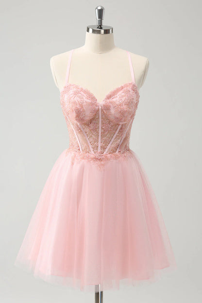 Pink chiffon A-line tight corset short back to school dress