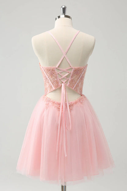 Pink chiffon A-line tight corset short back to school dress