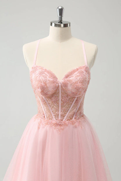 Pink chiffon A-line tight corset short back to school dress