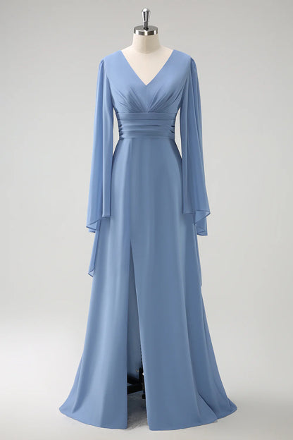 Grey blue A-line V-neck pleated long sleeved chiffon slit long bridesmaid dress