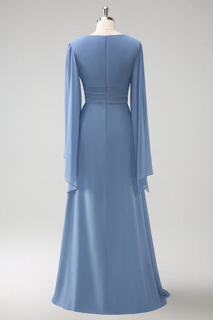 Grey blue A-line V-neck pleated long sleeved chiffon slit long bridesmaid dress