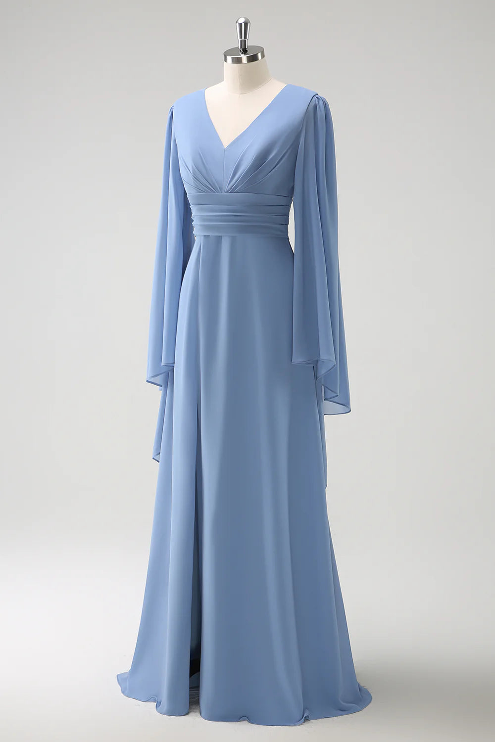 Grey blue A-line V-neck pleated long sleeved chiffon slit long bridesmaid dress