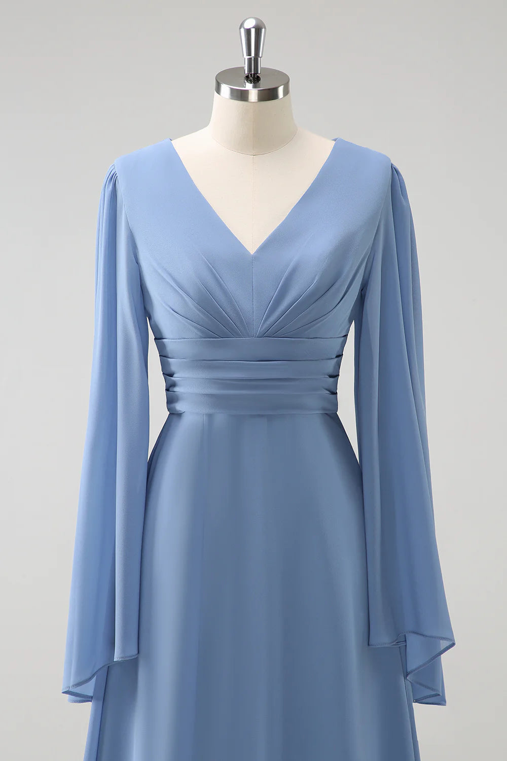 Grey blue A-line V-neck pleated long sleeved chiffon slit long bridesmaid dress