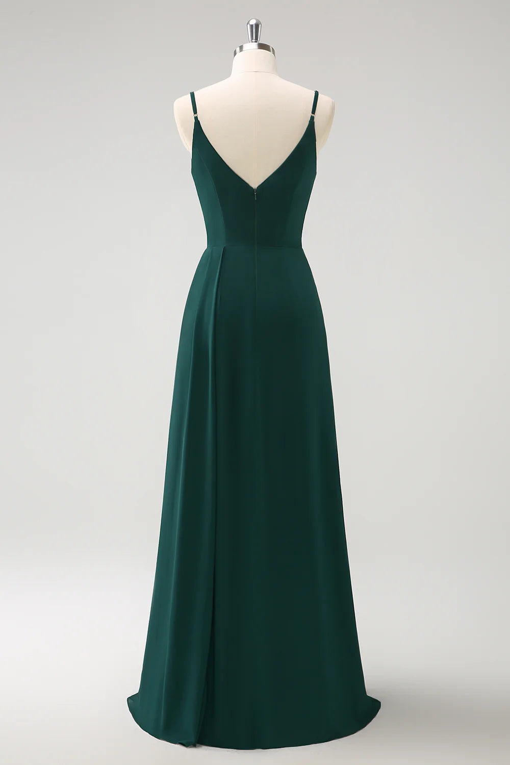 Deep green A-line thin shoulder strap and ground chiffon slit bridesmaid dress