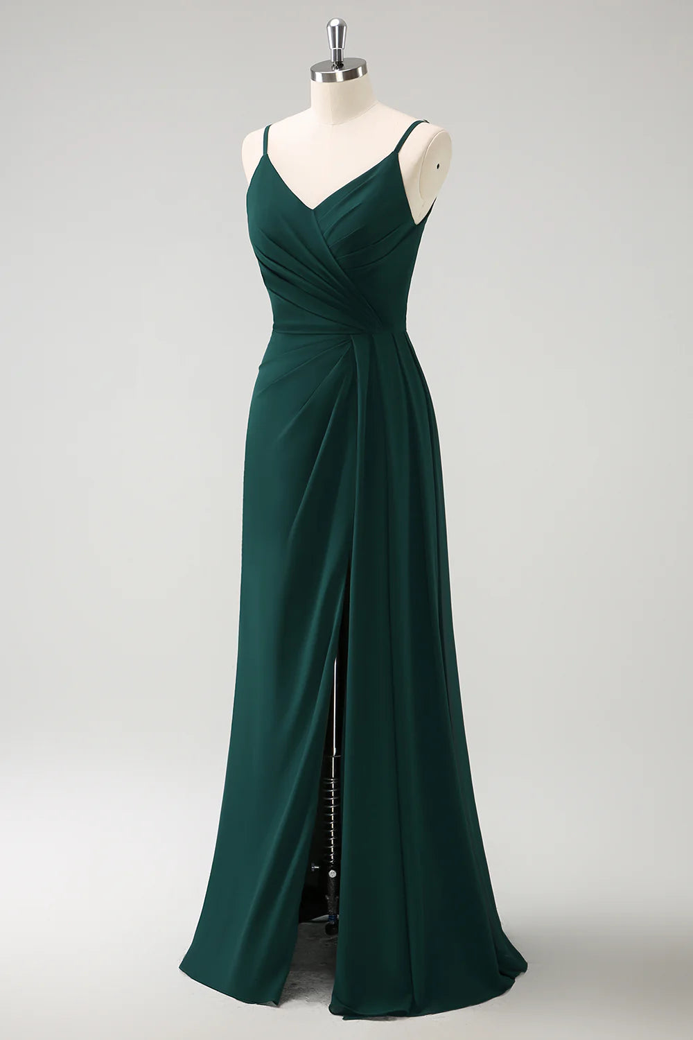 Deep green A-line thin shoulder strap and ground chiffon slit bridesmaid dress