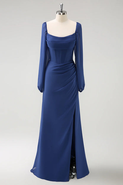 Deep blue fishtail square neck pleated long sleeved tight corset chiffon bridesmaid dress