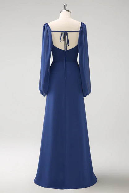 Deep blue fishtail square neck pleated long sleeved tight corset chiffon bridesmaid dress