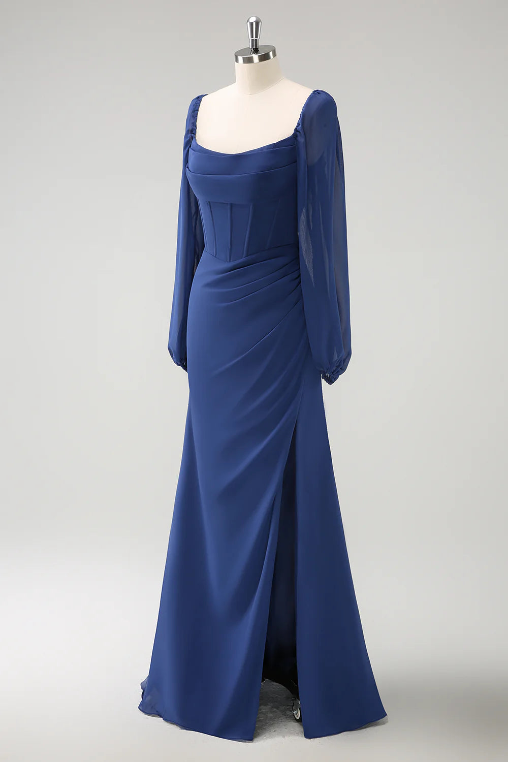 Deep blue fishtail square neck pleated long sleeved tight corset chiffon bridesmaid dress