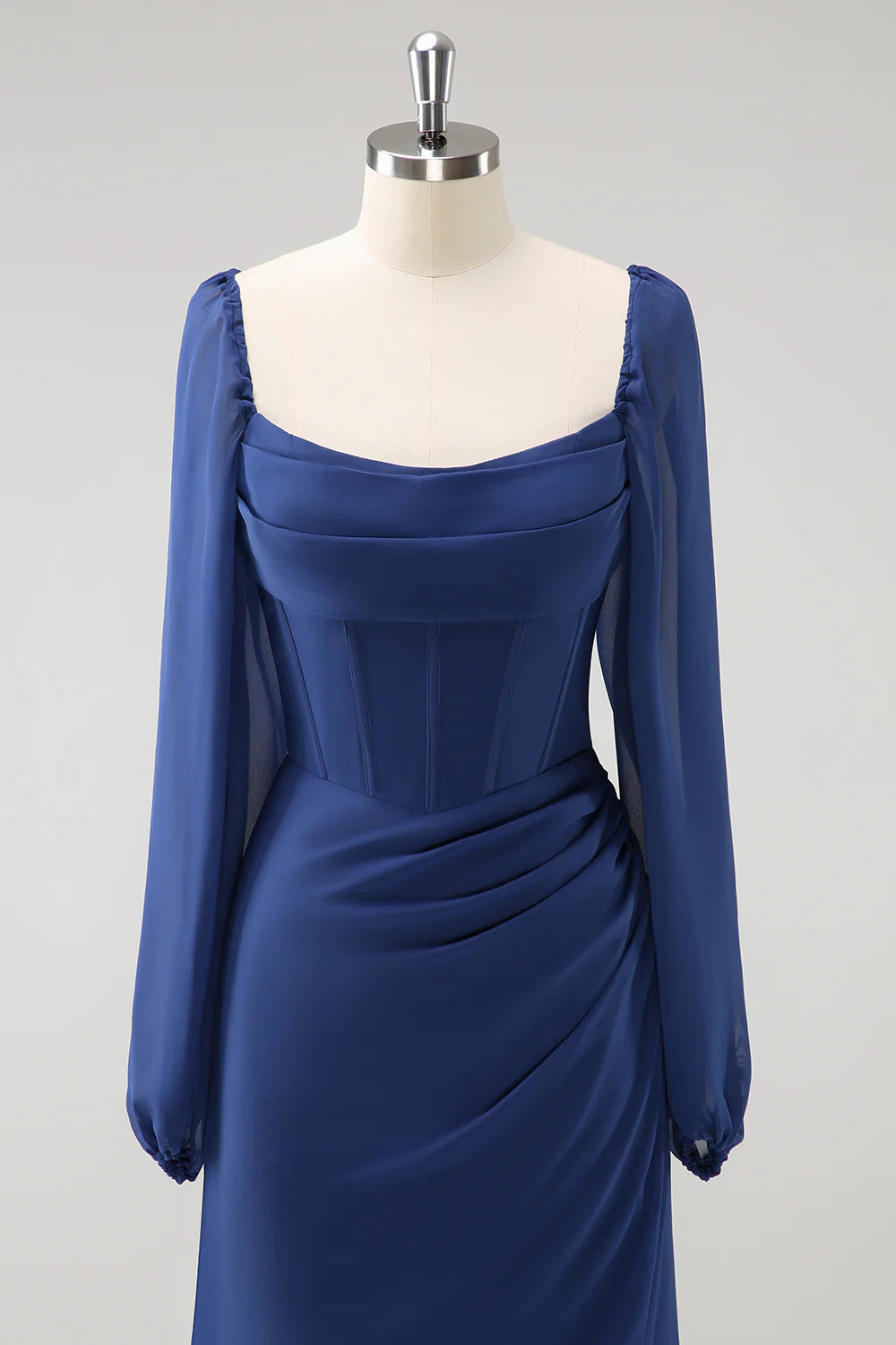 Deep blue fishtail square neck pleated long sleeved tight corset chiffon bridesmaid dress