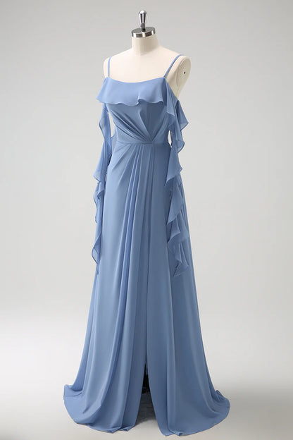 Grey blue A-line slim shoulder strap pleated chiffon long slit bridesmaid dress