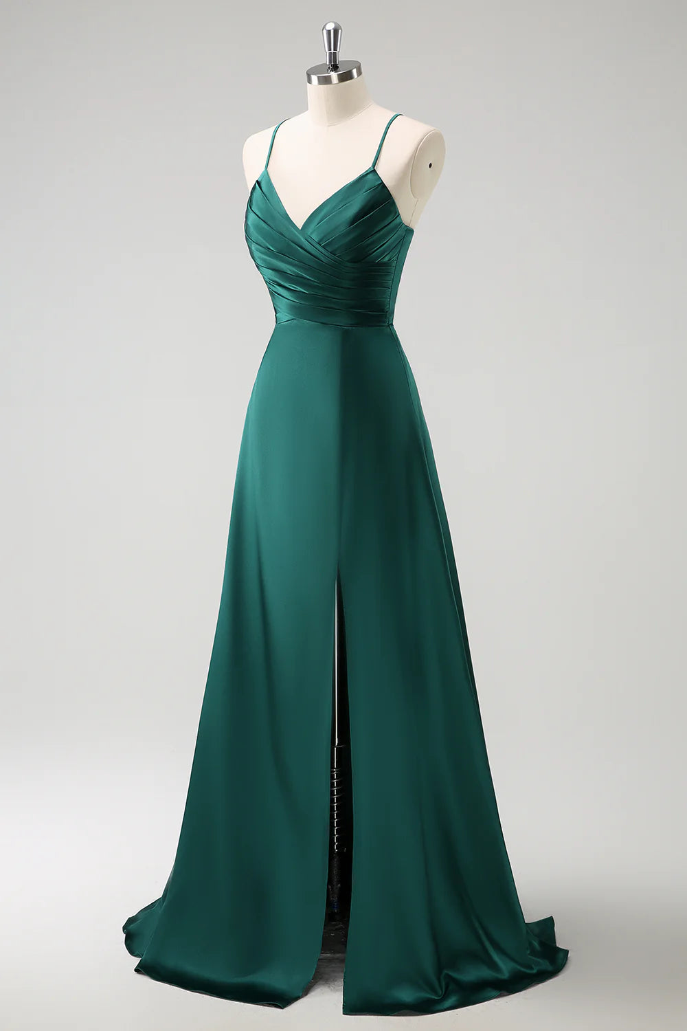 Deep green A-line thin shoulder strap pleated and floor length slit satin bridesmaid dress