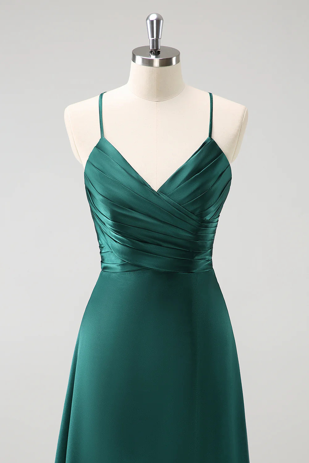 Deep green A-line thin shoulder strap pleated and floor length slit satin bridesmaid dress