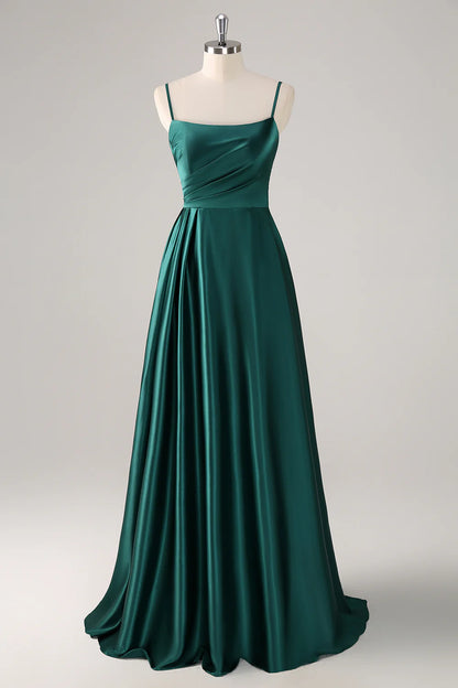 Deep green A-line thin shoulder strap pleated satin bridesmaid dress