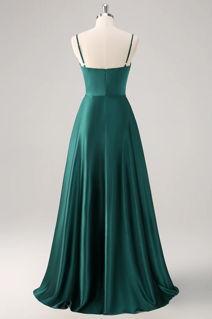 Deep green A-line thin shoulder strap pleated satin bridesmaid dress