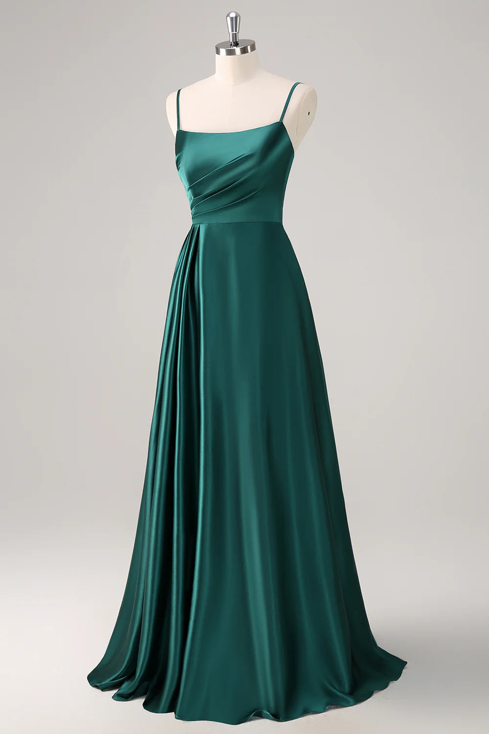 Deep green A-line thin shoulder strap pleated satin bridesmaid dress