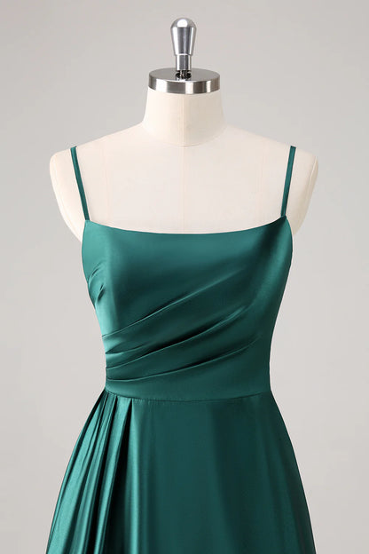 Deep green A-line thin shoulder strap pleated satin bridesmaid dress