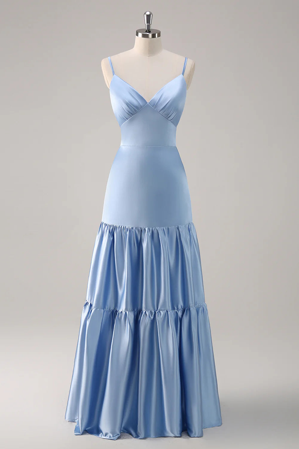 Sky blue A-line V-neck thin shoulder strap ruffled satin bridesmaid dress