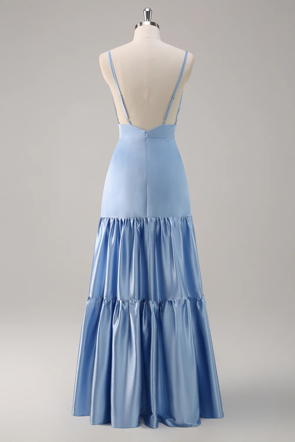 Sky blue A-line V-neck thin shoulder strap ruffled satin bridesmaid dress