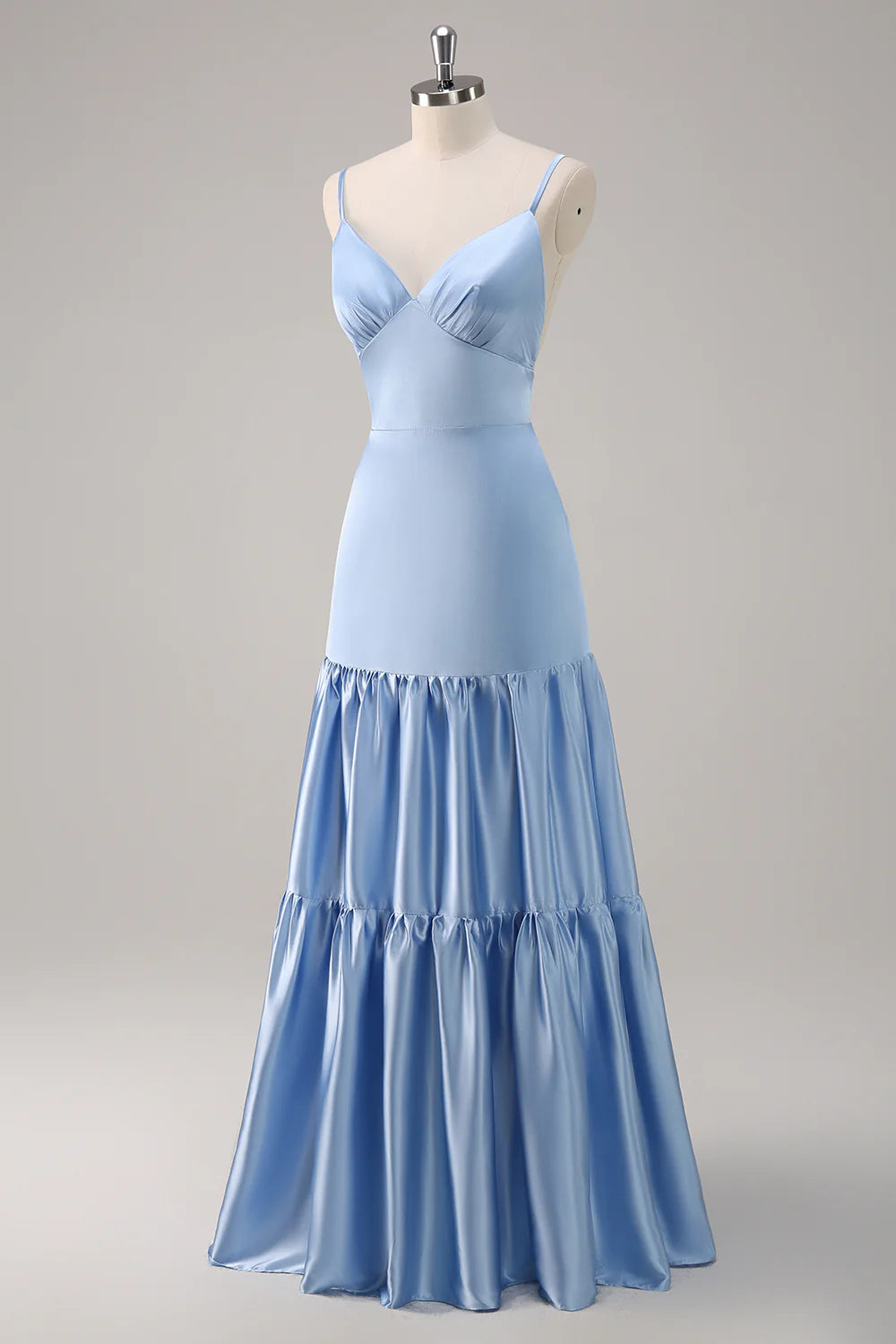 Sky blue A-line V-neck thin shoulder strap ruffled satin bridesmaid dress