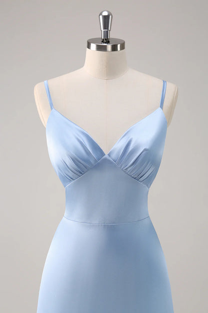 Sky blue A-line V-neck thin shoulder strap ruffled satin bridesmaid dress