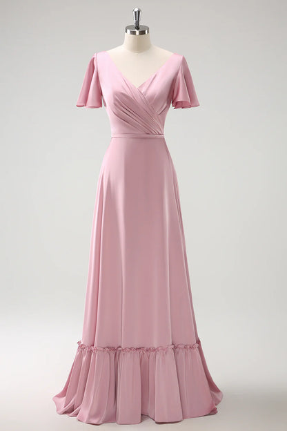 Pink A-link V-neck ruffled pleated satin bridesmaid dress