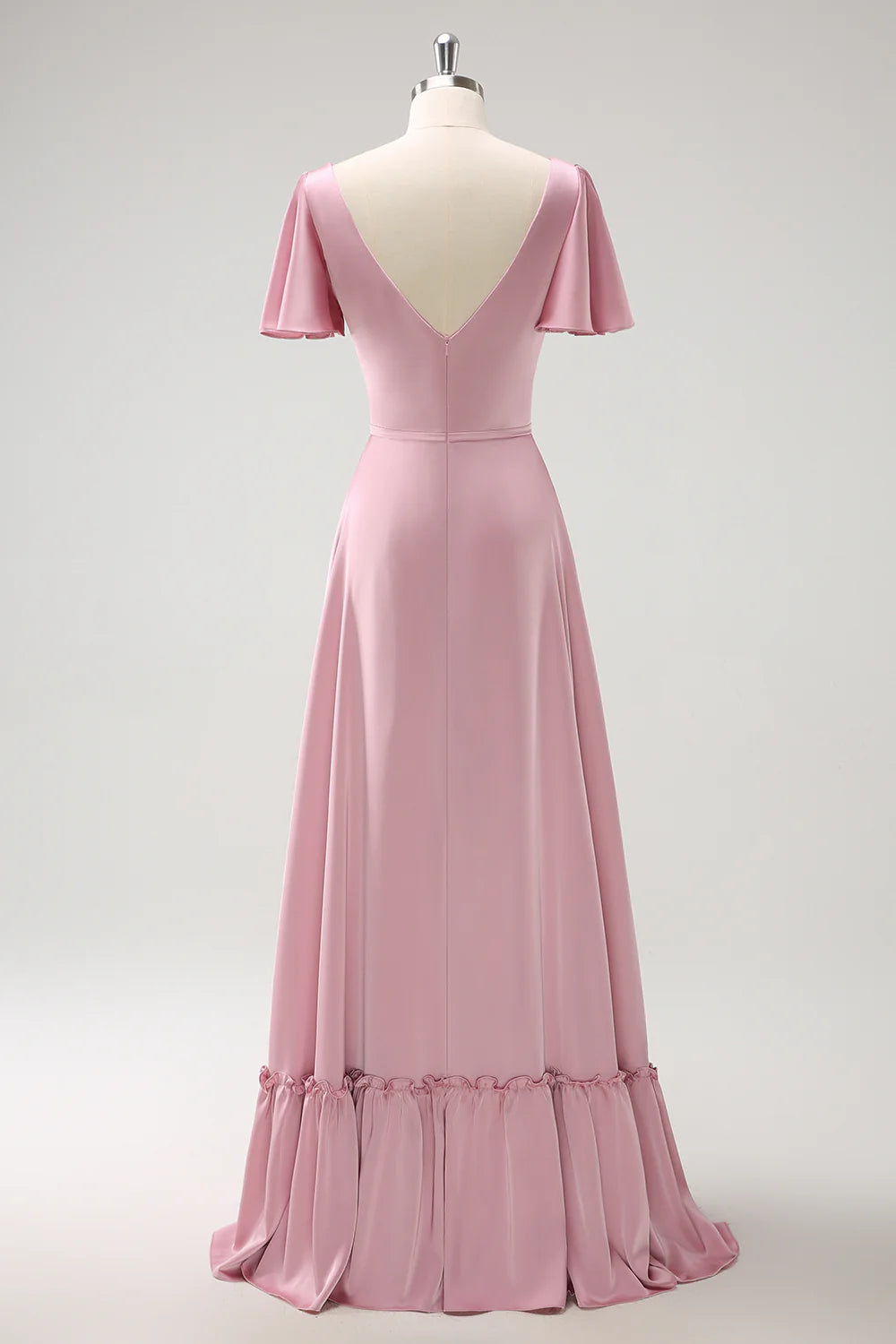 Pink A-link V-neck ruffled pleated satin bridesmaid dress