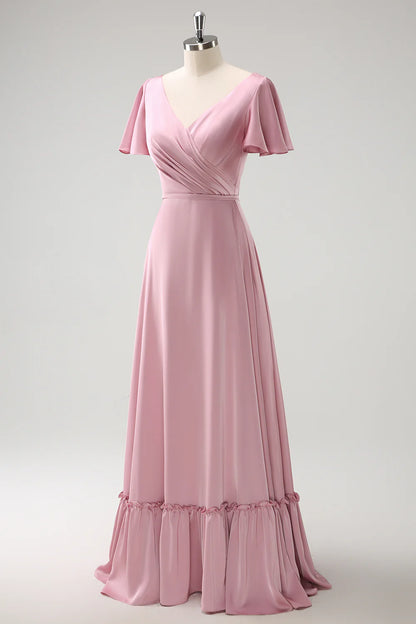 Pink A-link V-neck ruffled pleated satin bridesmaid dress