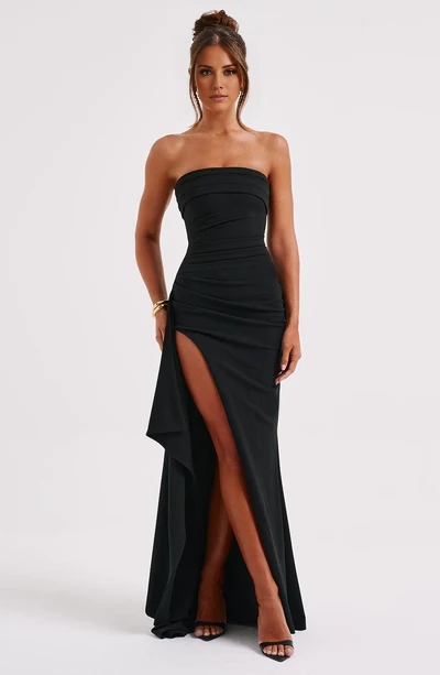 Off shoulder collar with crepe fabric draped ruffle edges and floor length Prom dress