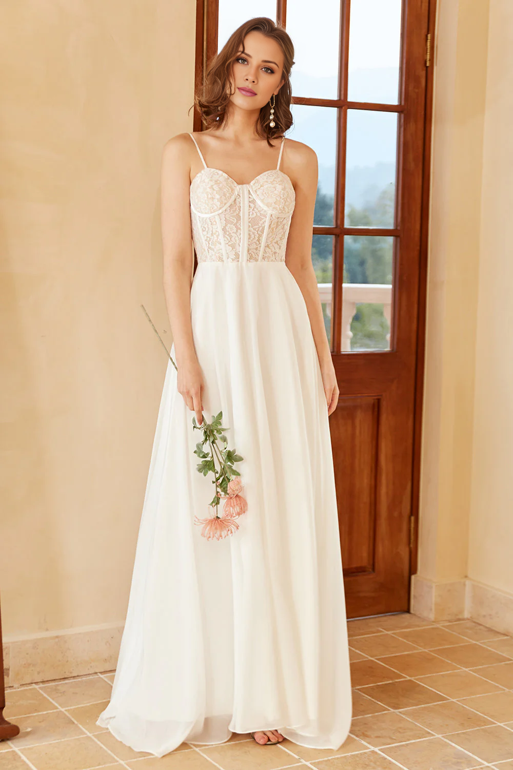 Beautiful A-line thin shoulder strap and floor length wedding dress