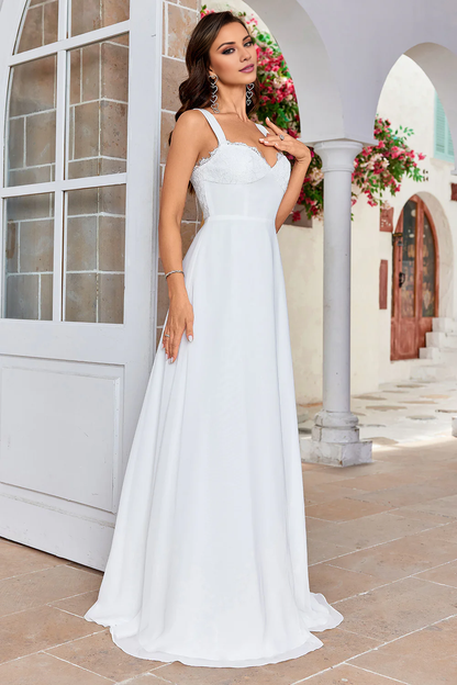 A-line lace low round neck chiffon bohemian style wedding dress