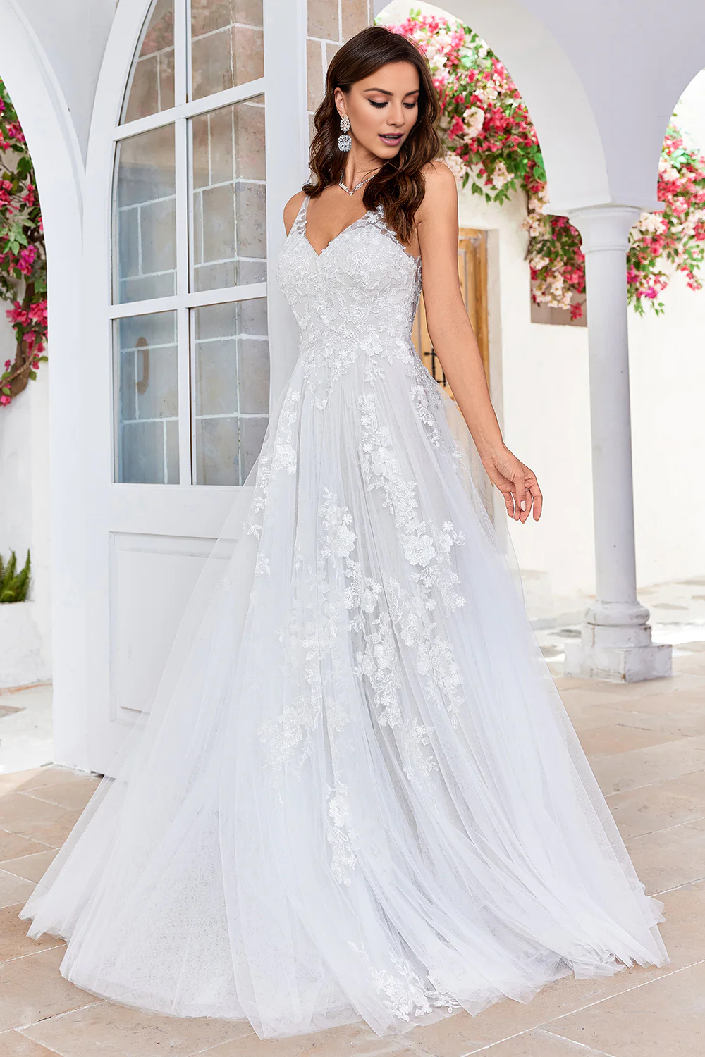 A-link V-neck lace chiffon palace trailing wedding dress