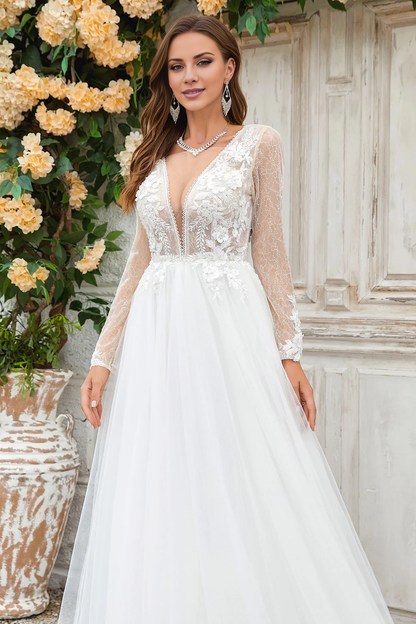 A-line deep V-neck swept trailing chiffon long sleeved wedding dress