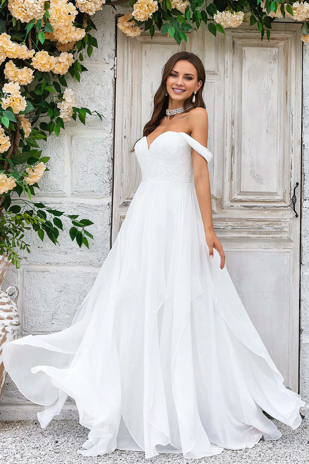 A-line lace shoulder sweeping trailing chiffon wedding dress